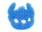 Blue scrubbing sponge in the shape of a monster face with two large ears and three holes for eyes and mouth.
