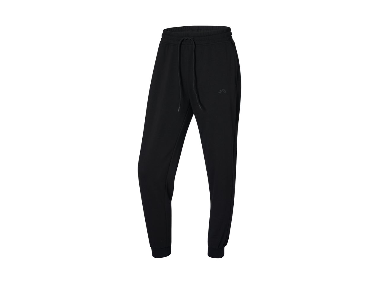 Black athletic joggers with a subtle logo on the left thigh.