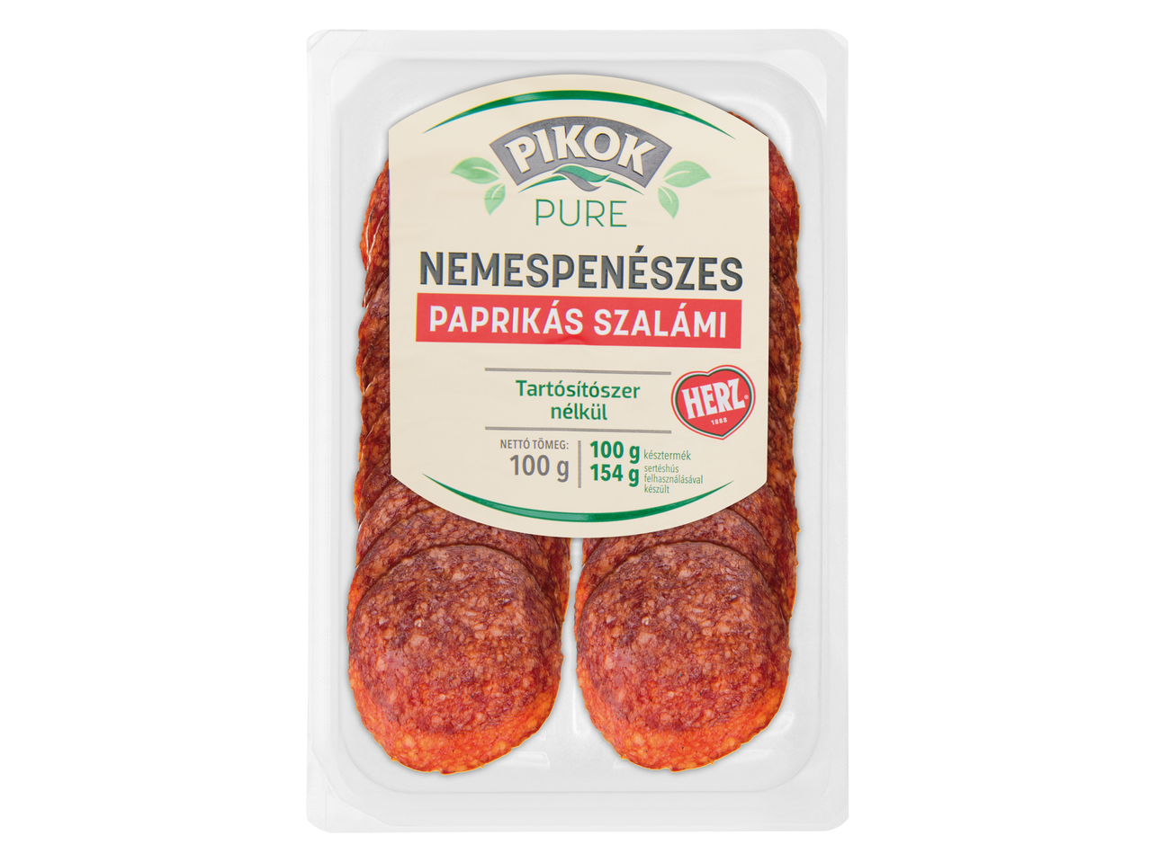 Pikok Pure paprikás szalámi Herz: szeletelt szalámi csomagolásban.