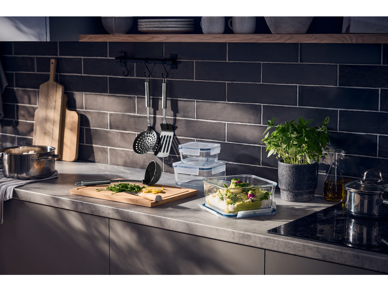 SILVERCREST® Glass Food Storage Containers with fresh food on a kitchen counter.