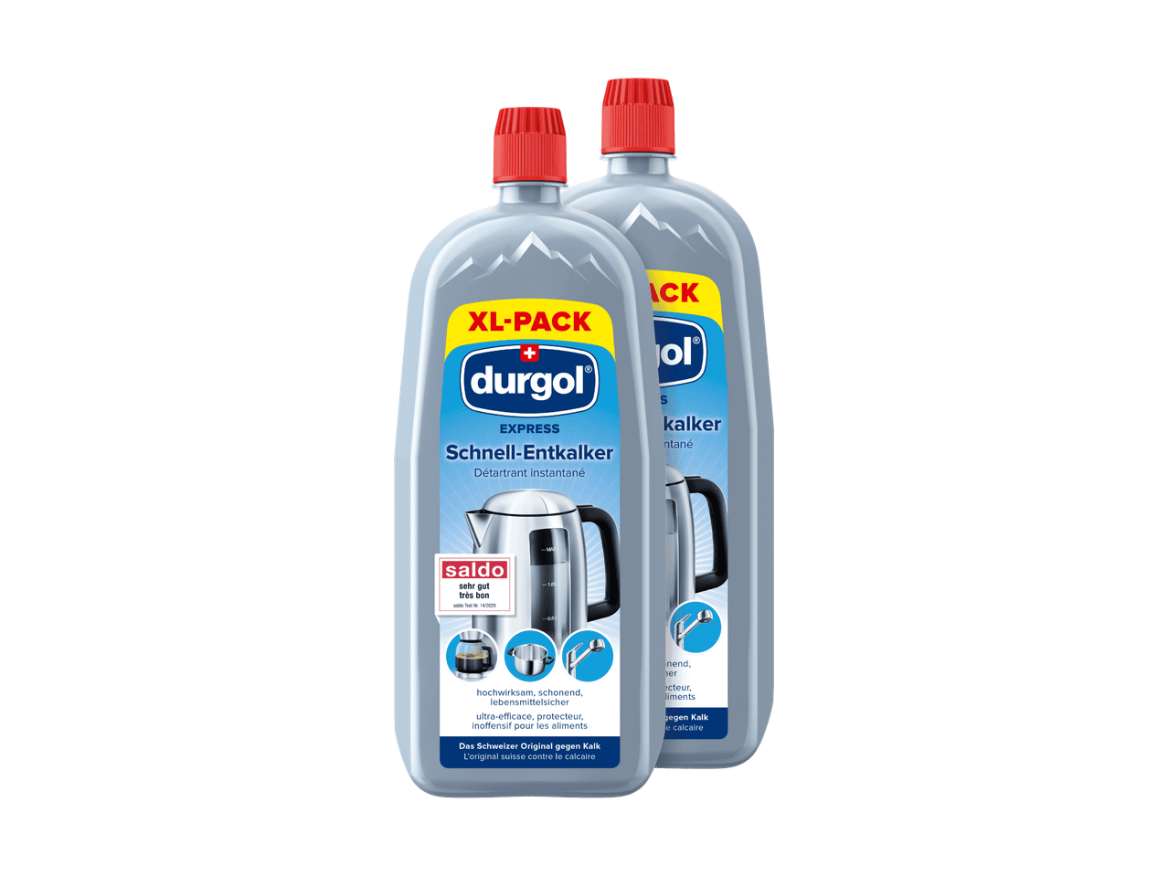 Zwei Flaschen durgol Express Entkalker mit blauen und roten Etiketten.