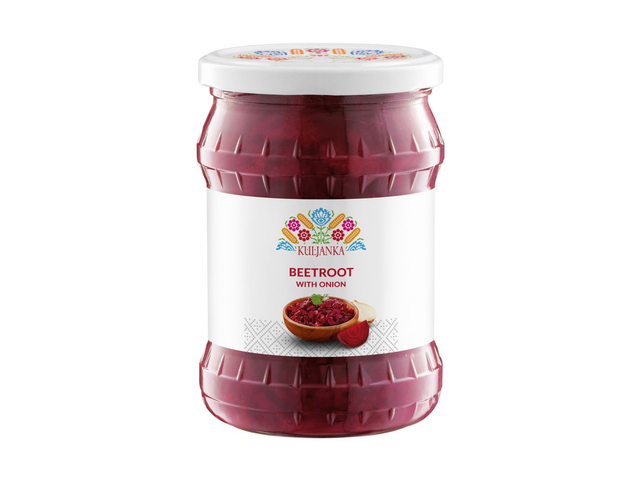Glass jar of beetroot with onion, featuring a colorful folk-art label.