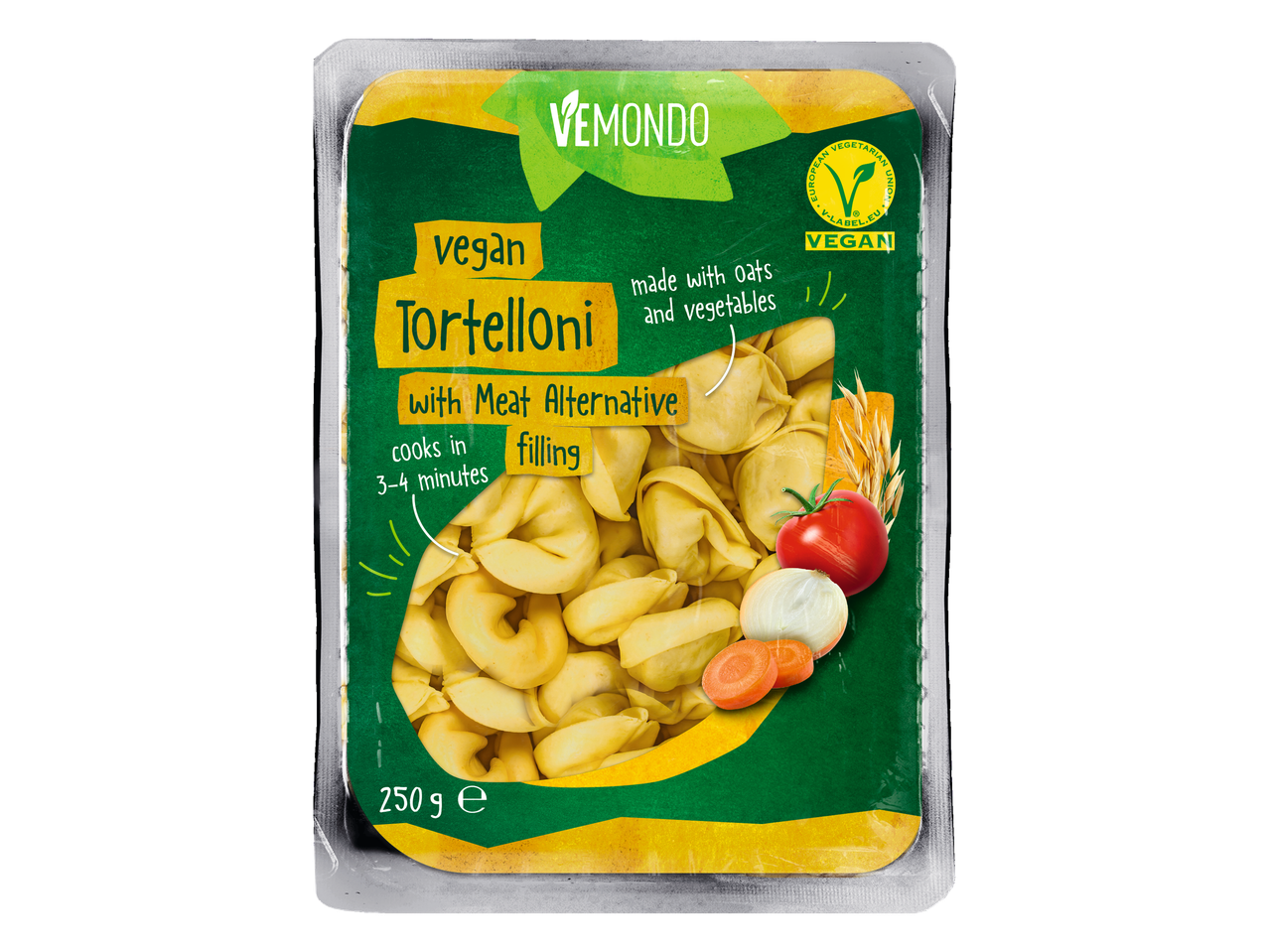 Tortelloni veganos Vemondo com alternativa de carne, feitos com aveia e legumes.