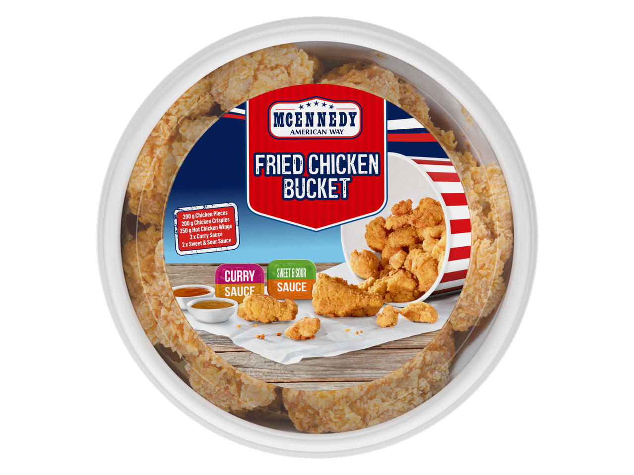 Fried chicken bucket with chicken pieces, crispies, hot wings, and curry and sweet & sour sauces.