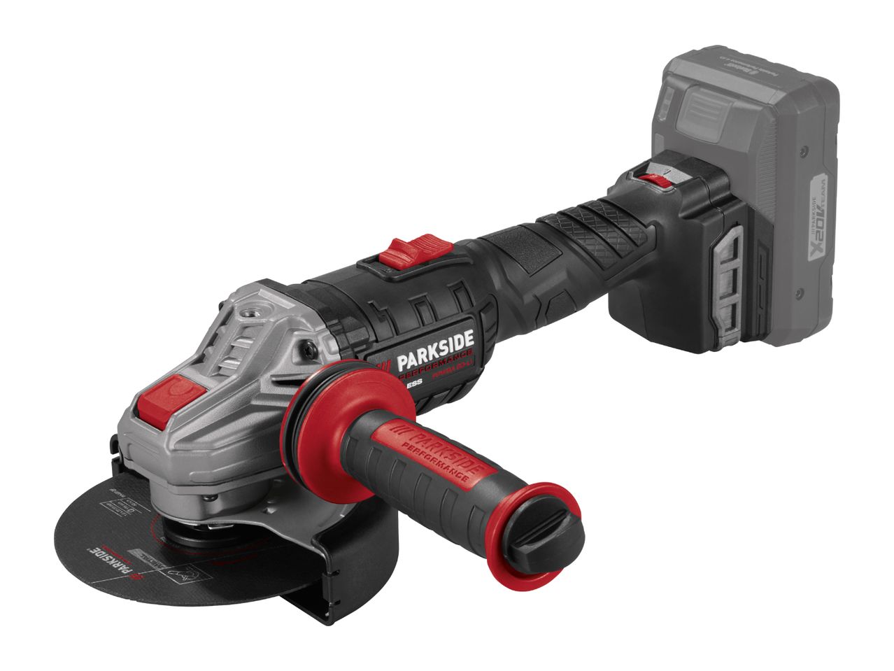 A cordless angle grinder with a black and silver body, red accents, and a black cutting disc.