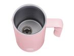 Pink milk frother with a whisk inside, showing MAX and MIN fill lines.