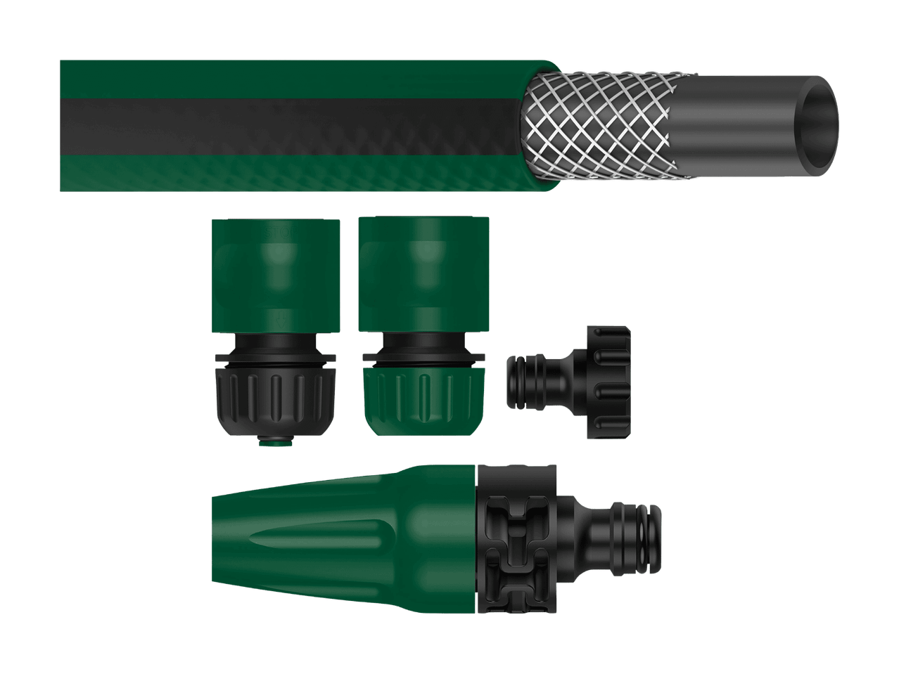 Tuyau d'arrosage vert et noir avec raccords et pistolet d'arrosage.