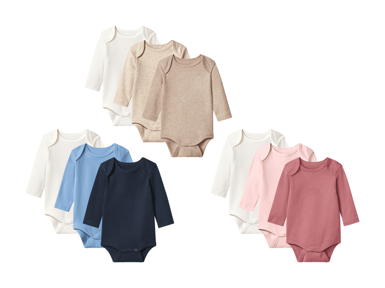 Sæt med ni langærmede babybodystockings i hvid, beige, blå og rosa nuancer.