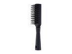 A black paddle hairbrush with a long handle is shown against a white background.