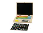 A wooden toy laptop with a chalkboard screen, colorful letter and number tiles, and activity cards.