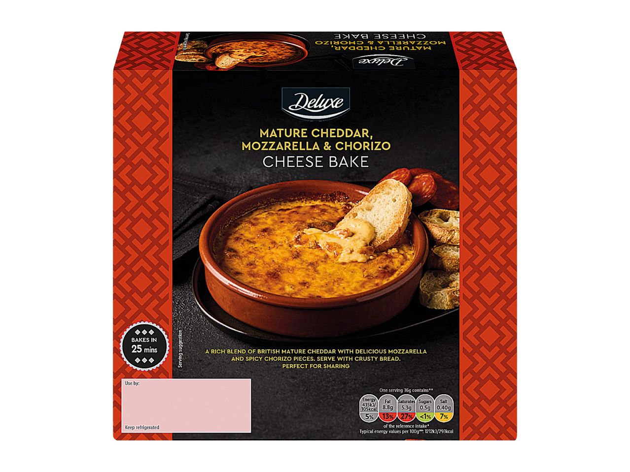 Deluxe Mature Cheddar, Mozzarella & Chorizo Cheese Bake packaging