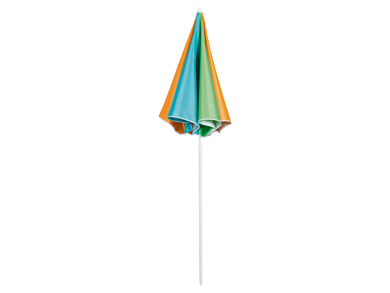 Guarda-sol de praia colorido com três cores: laranja, azul-turquesa e verde claro.