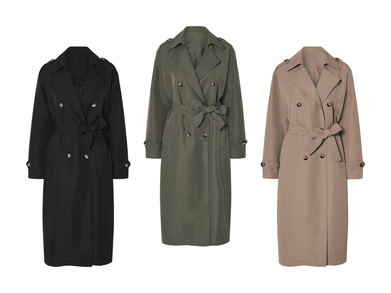 Drei Trenchcoats in Schwarz, Armeegrün und Beige auf schwarzem Hintergrund.