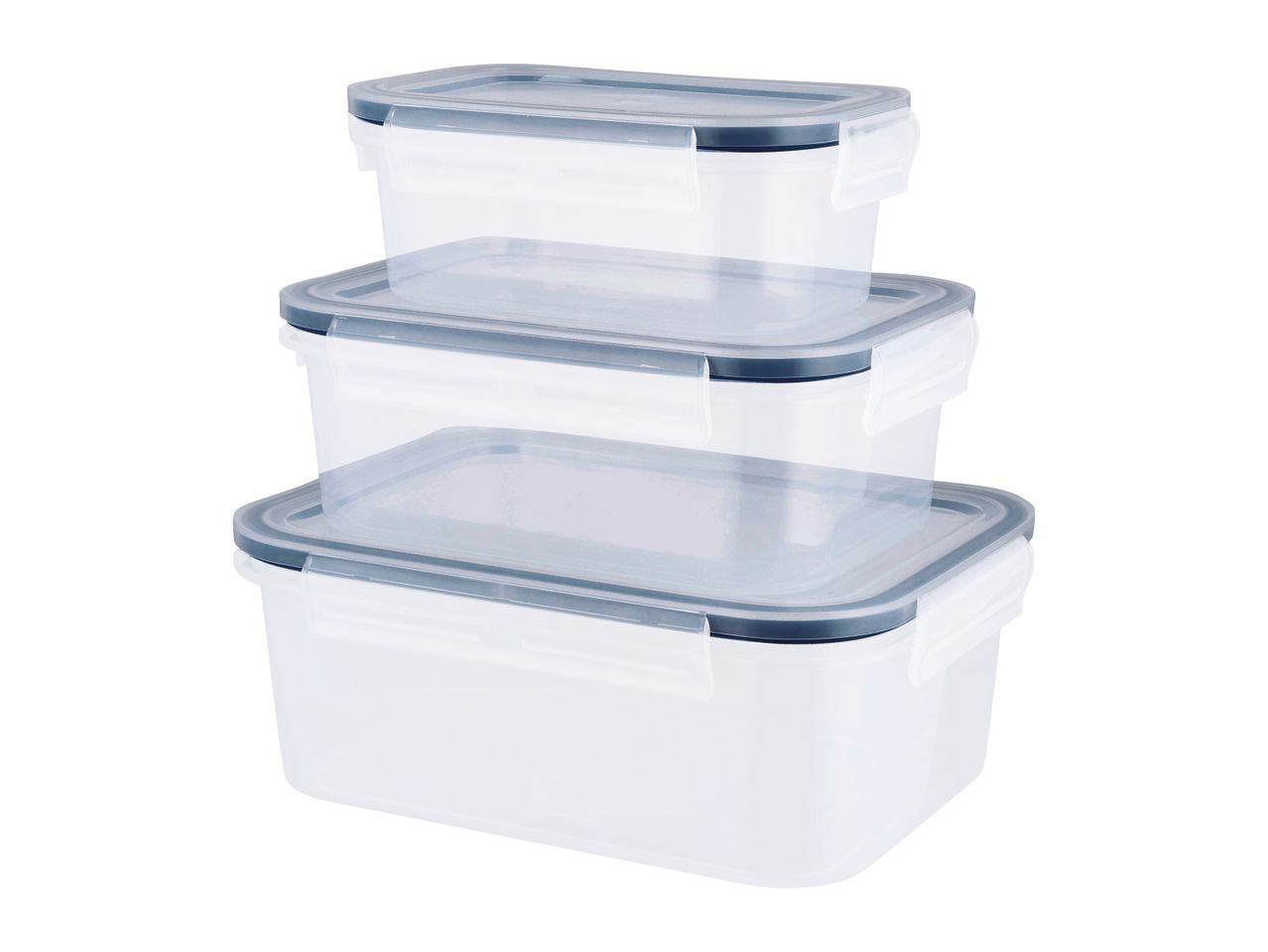 A set of three stackable, rectangular plastic storage containers with gray lids.
