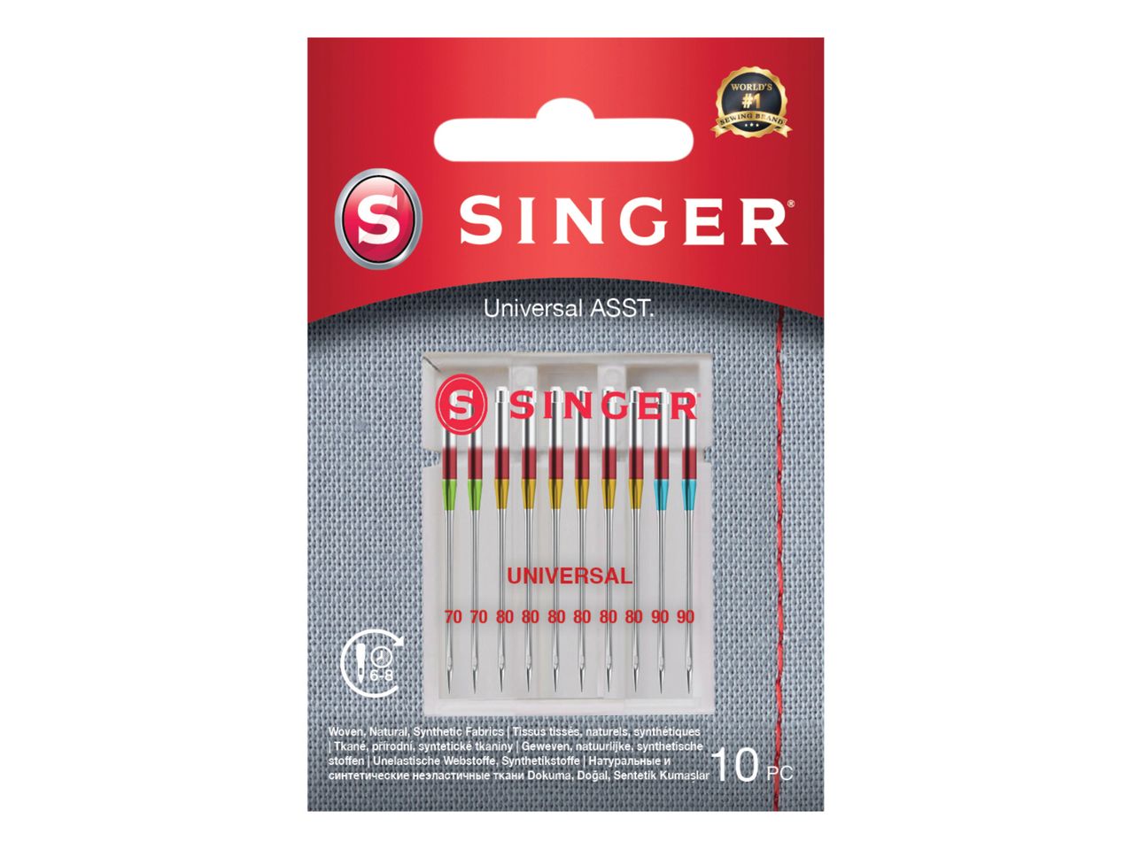 A pack of universal sewing machine needles for various fabrics, sizes 70, 80, and 90, 10 pieces.