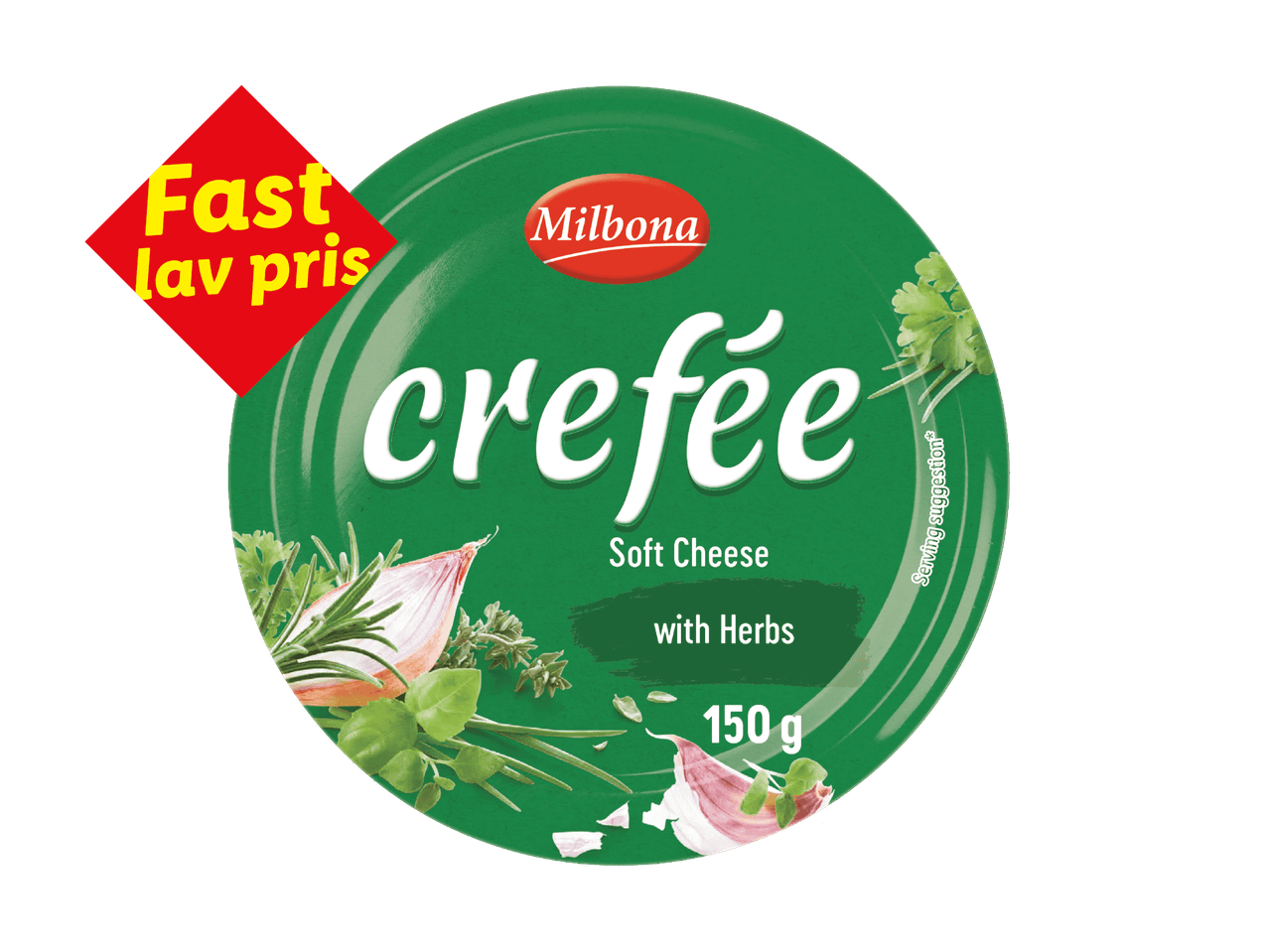 Grøn emballage med blød ost med urter, 150 g, og et rødt mærke med teksten 'Fast lav pris'.