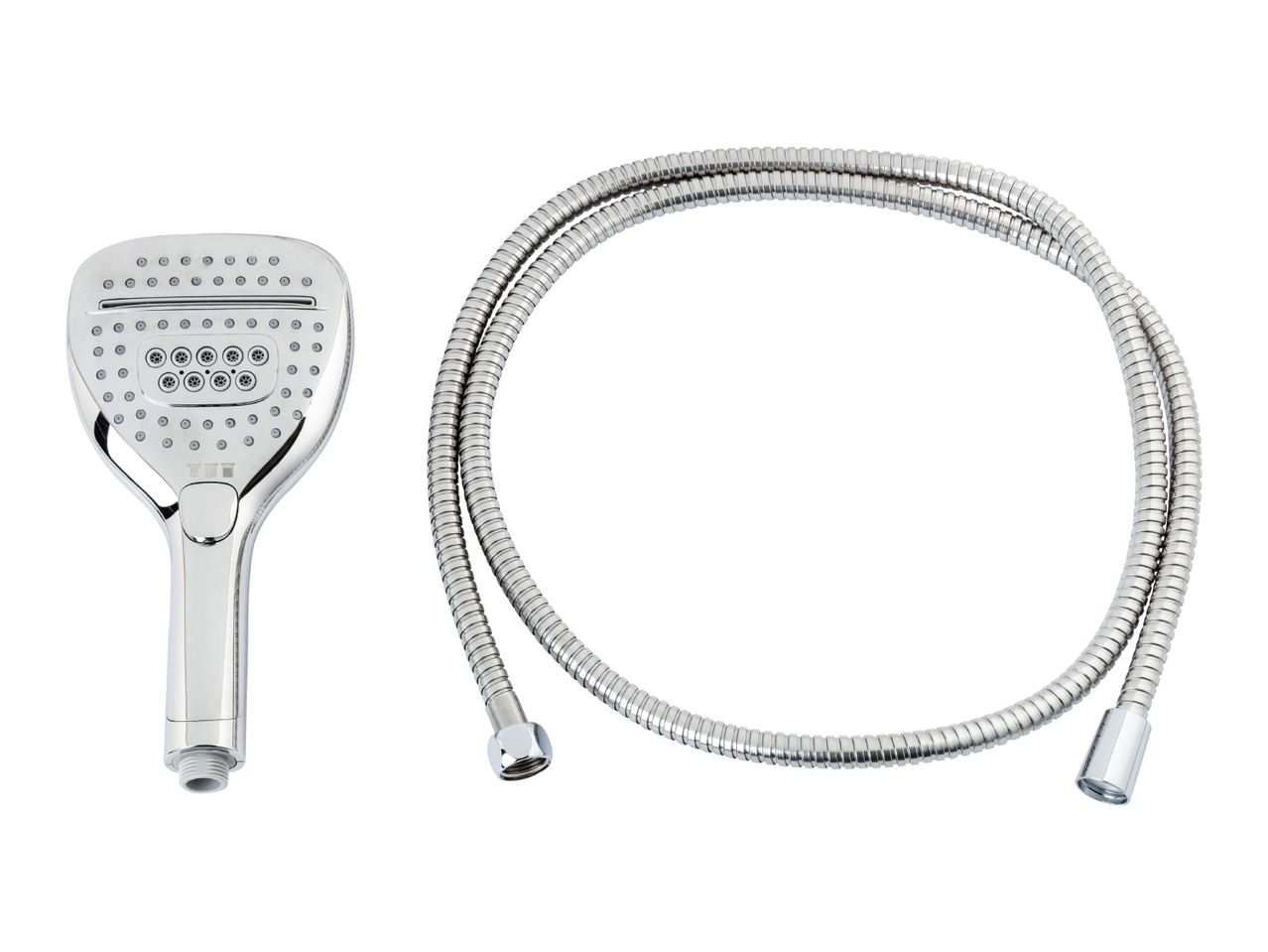 Chrome shower head with multiple spray settings and a coiled metal shower hose.