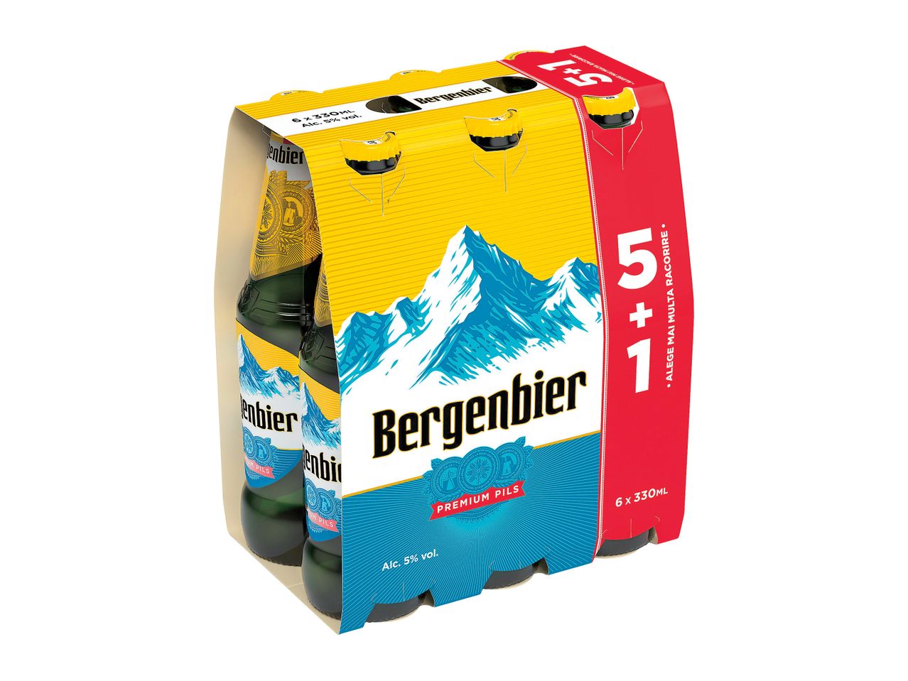 Un pachet de șase beri Bergenbier, 5+1 gratis, cu munți pe ambalaj.