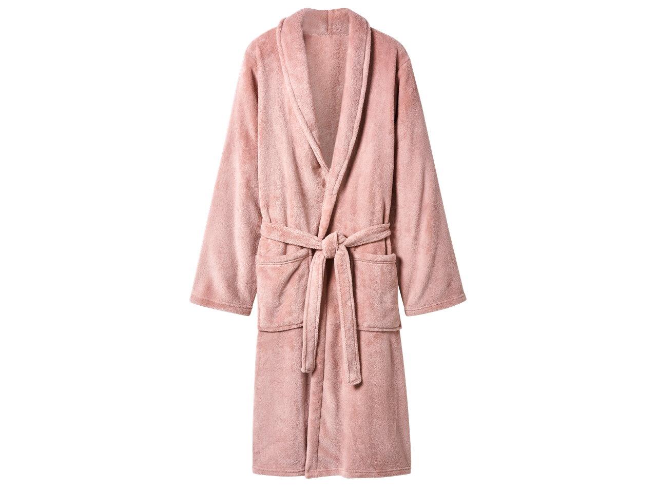 Розова хавлиена хавлия за баня с колан и джобове, висяща на черен фон.