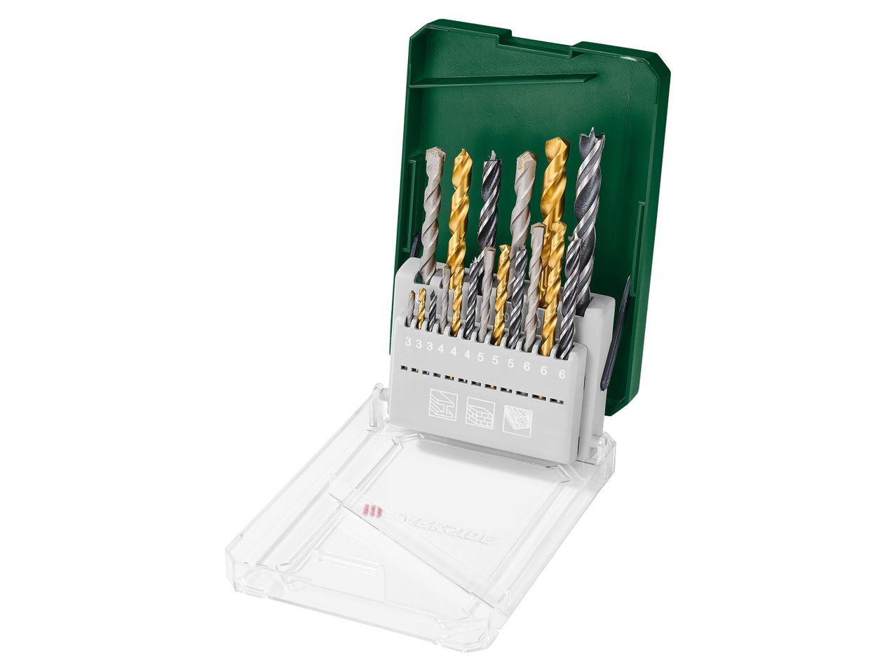 Set di punte da trapano di varie dimensioni e colori in una custodia verde e trasparente.
