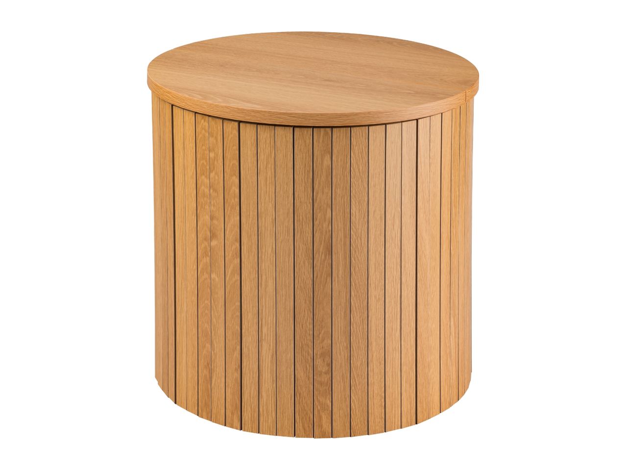 Round wooden side table with vertical slats and a removable lid for storage