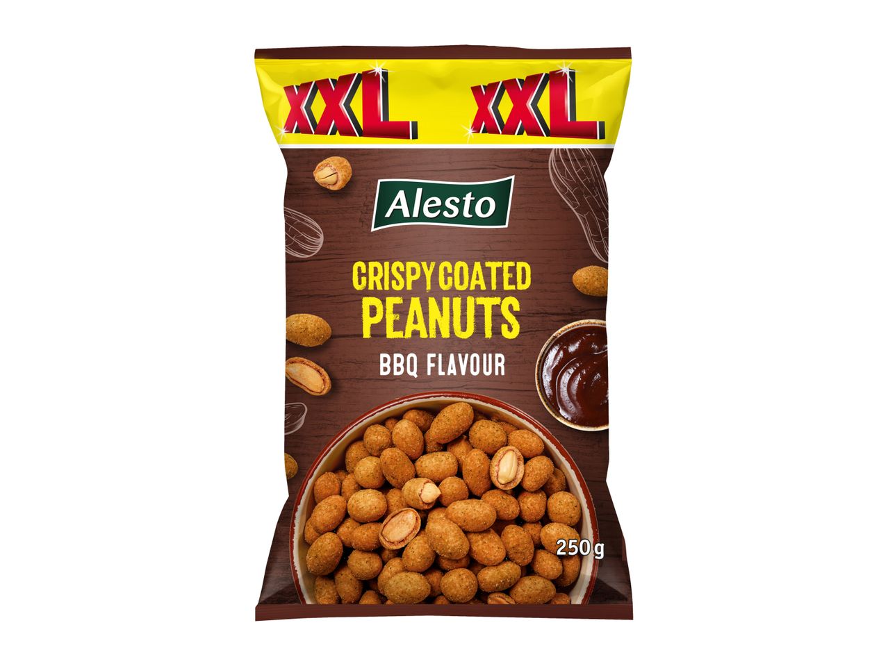 A 250g bag of Alesto XXL Crispy Coated Peanuts with BBQ flavour.