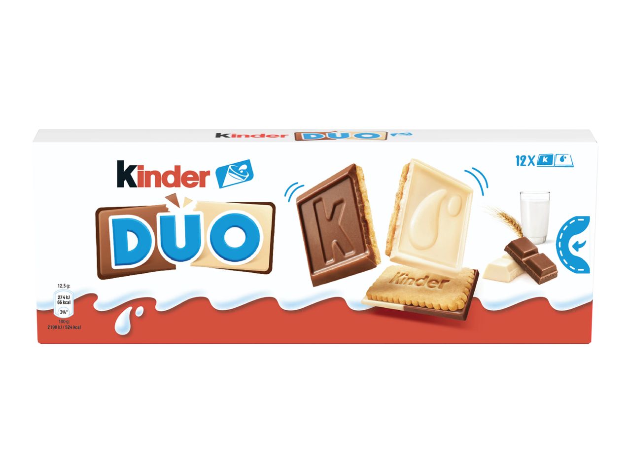 Cutie Kinder Duplo cu 12 batoane de ciocolată, cu ciocolată albă și neagră.