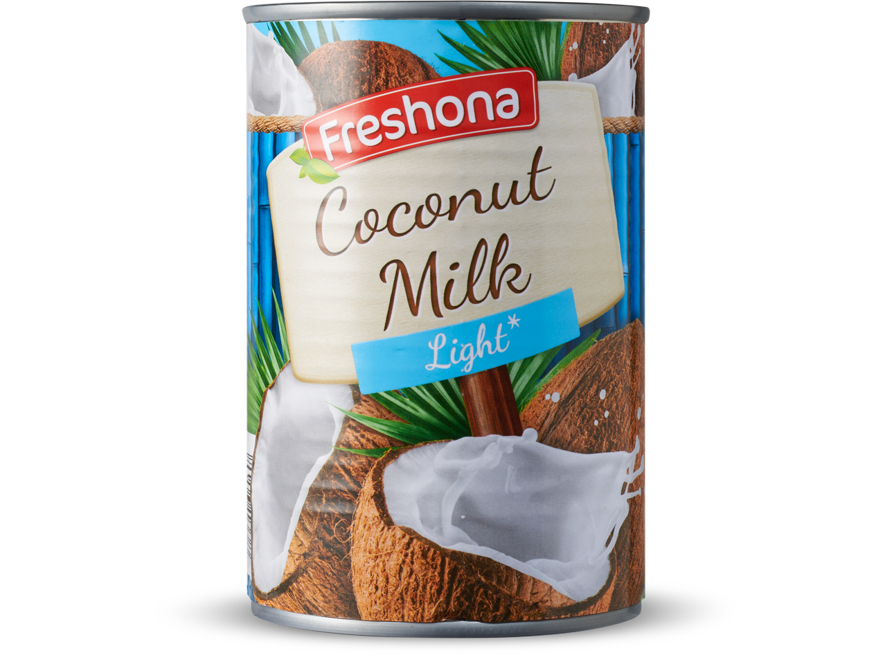 Freshoa light kokosmelk: blik met kokosnoten.