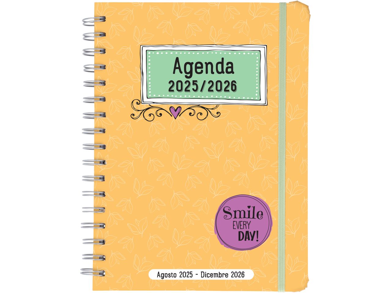 Agenda 2025/2026 con copertina gialla a foglie e scritta 'Smile EVERY DAY!'.