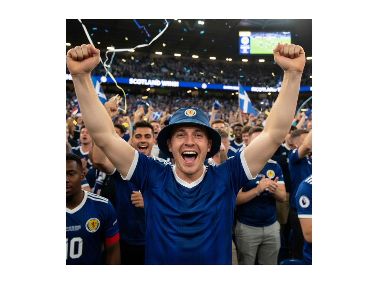 Excited man in a blue bucket hat and jersey celebrating at a stadium with confetti falling.