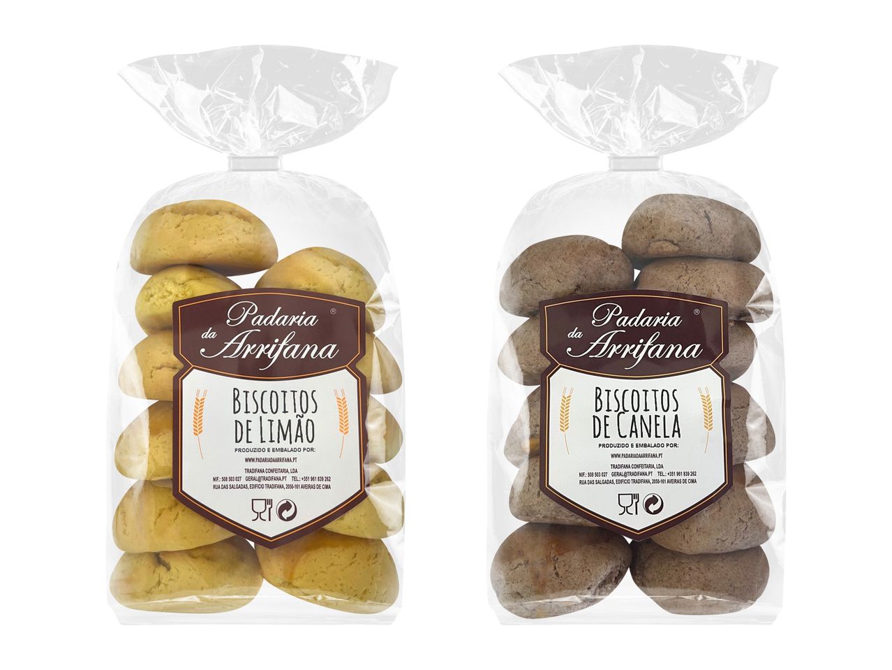 Două pungi de biscuiți Arrifana, unul cu lămâie și unul cu scorțișoară.
