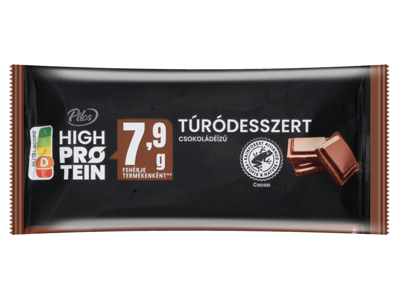 Pilos High Protein csokoládés túródesszert 7,9g fehérjével, Nutri-score D, Rainforest Alliance kakaóval.
