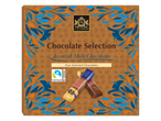 Boîte de sélection de chocolats J.D. Gross avec des chocolats au lait assortis, y compris du cacao équitable.