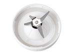 Top view of a white blender base with stainless steel blades