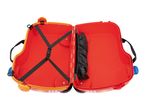 Open red children's ride-on suitcase with black straps and a storage pouch.