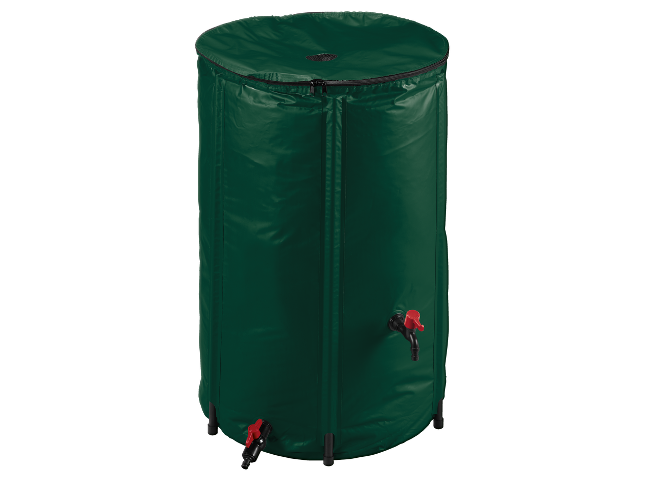 Grüner Wassertank mit Hahn zur Gartenbewässerung.