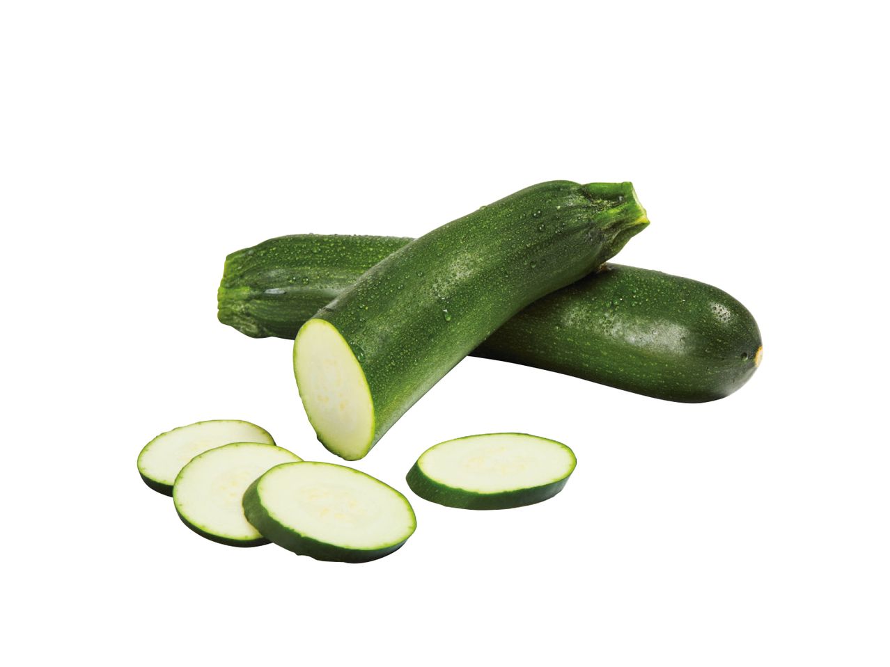 Two dark green zucchini and several slices.