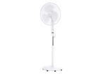 White pedestal fan with a round base and control panel, isolated on a black background.
