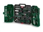 A green plastic toolbox filled with various hand tools and gardening tools.