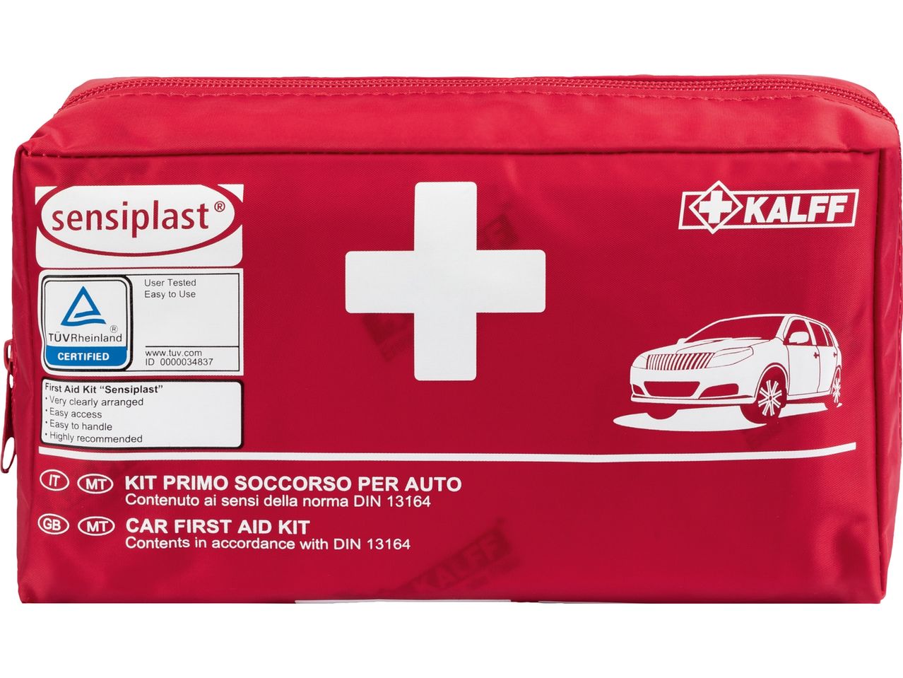 Red Sensoplast car first aid kit with a white cross and a car illustration.