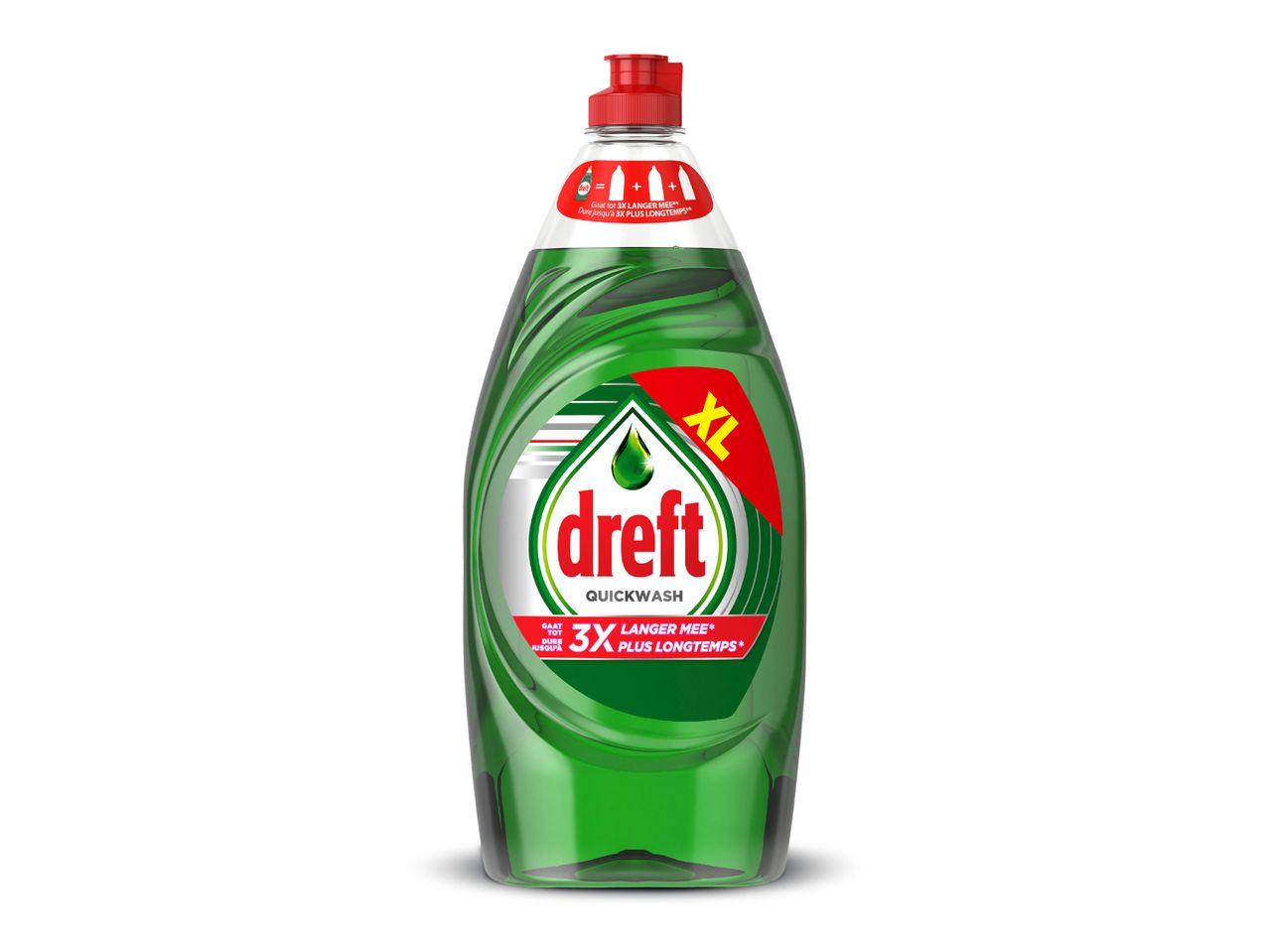 Fles Dreft Quickwash afwasmiddel, groen met rode accenten en de tekst 'XL' en '3X LANGER MEE'.