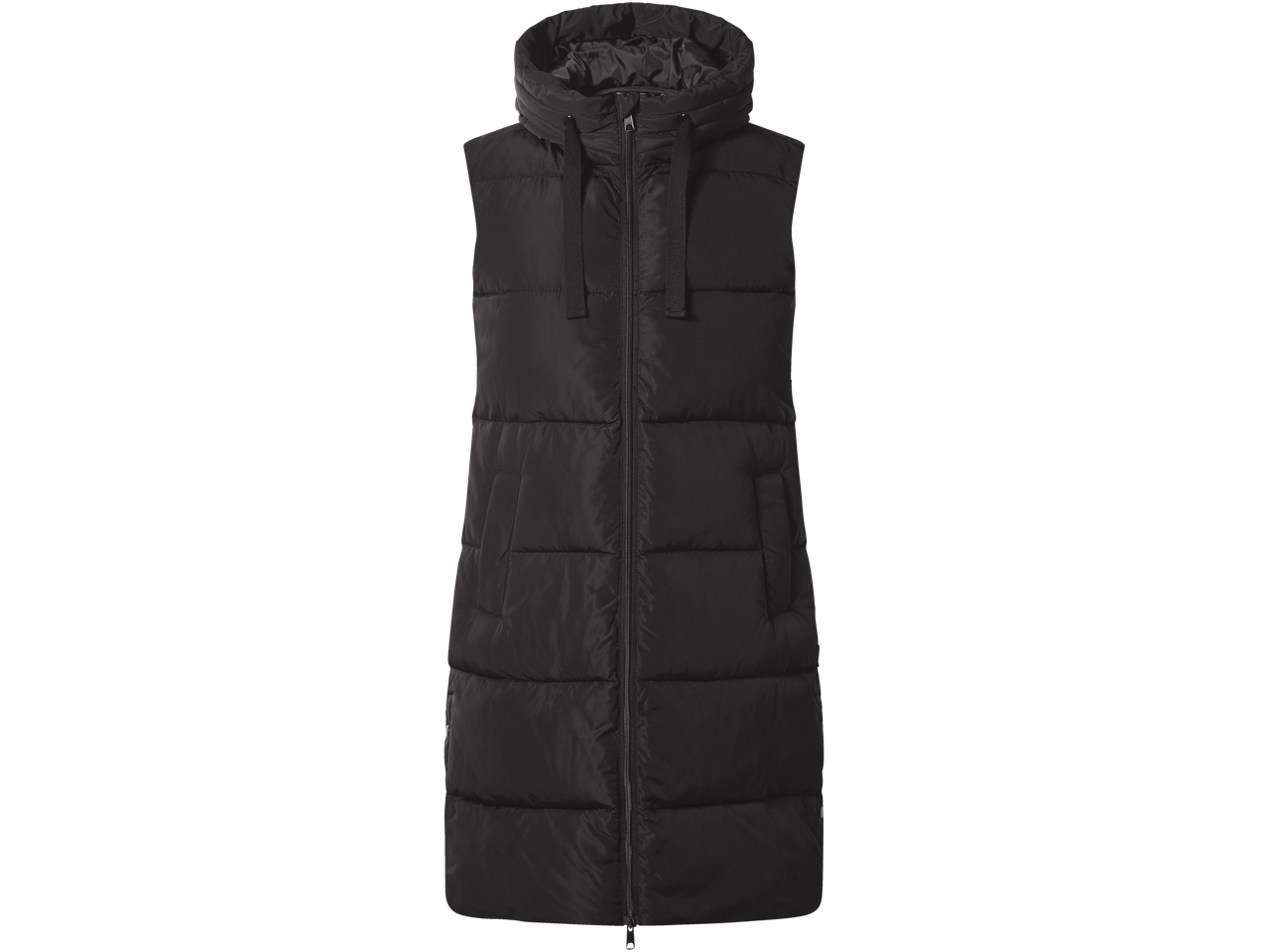 Pikk must tepitud vest kapuutsi ja lukuga.