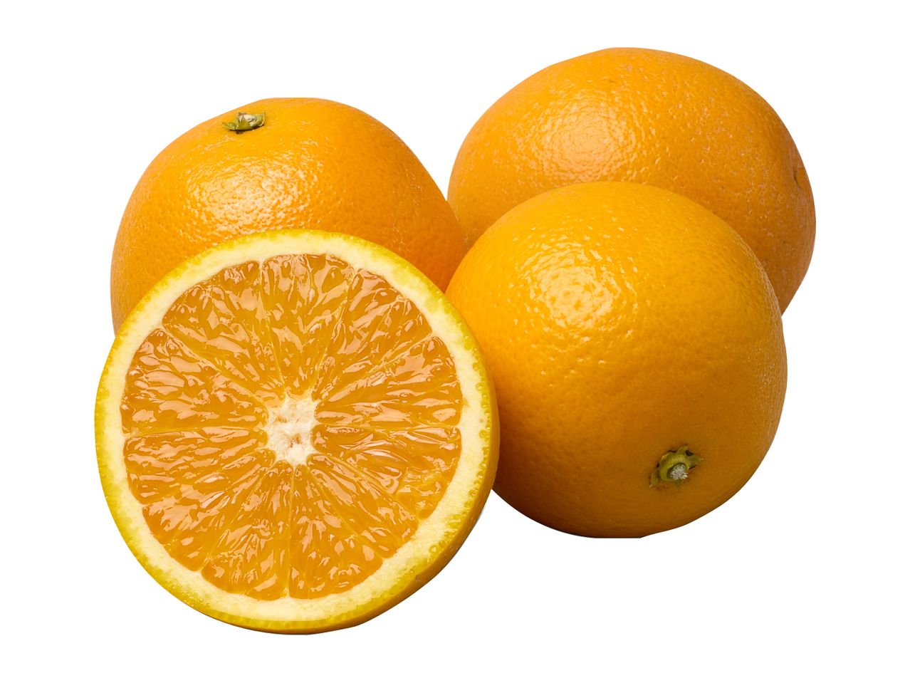 Three whole oranges and one orange half, showing the juicy pulp.