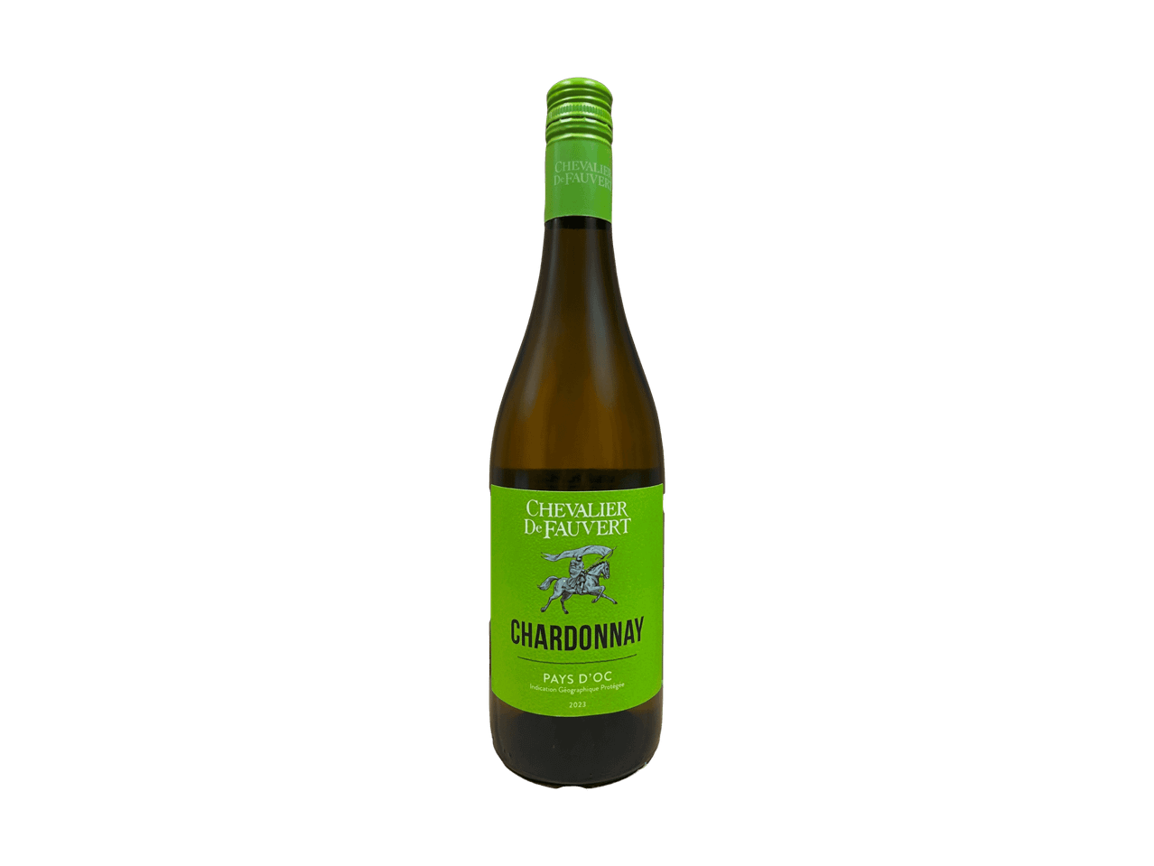 Eine Flasche Weißwein mit grünem Etikett, das einen Ritter zu Pferd zeigt.