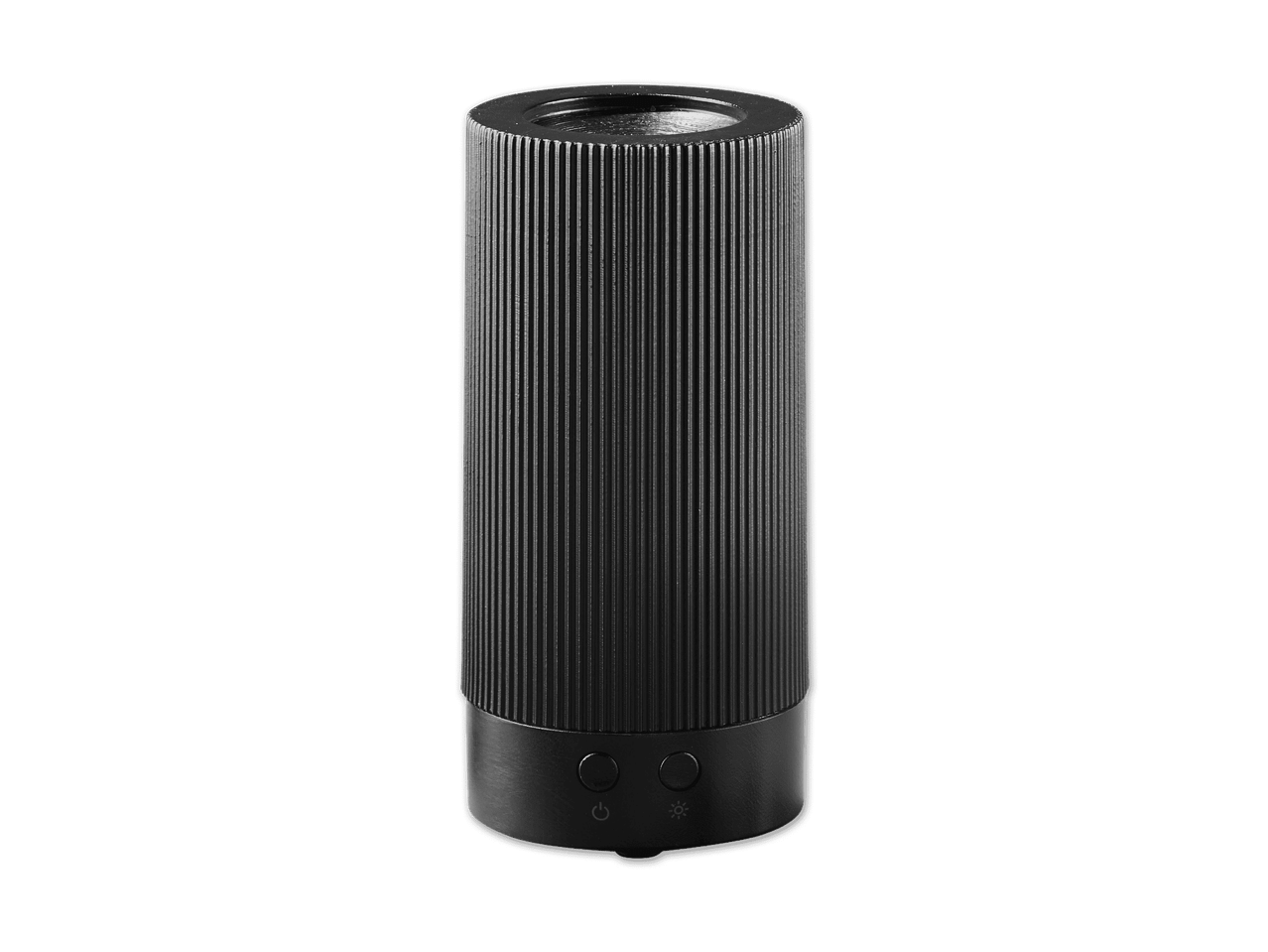 Schwarzer, geriffelter Diffusor mit Bedienelementen auf schwarzem Hintergrund.