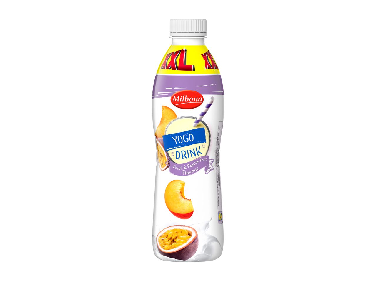 Yogurt drink with peach and passion fruit flavor in a bottle.