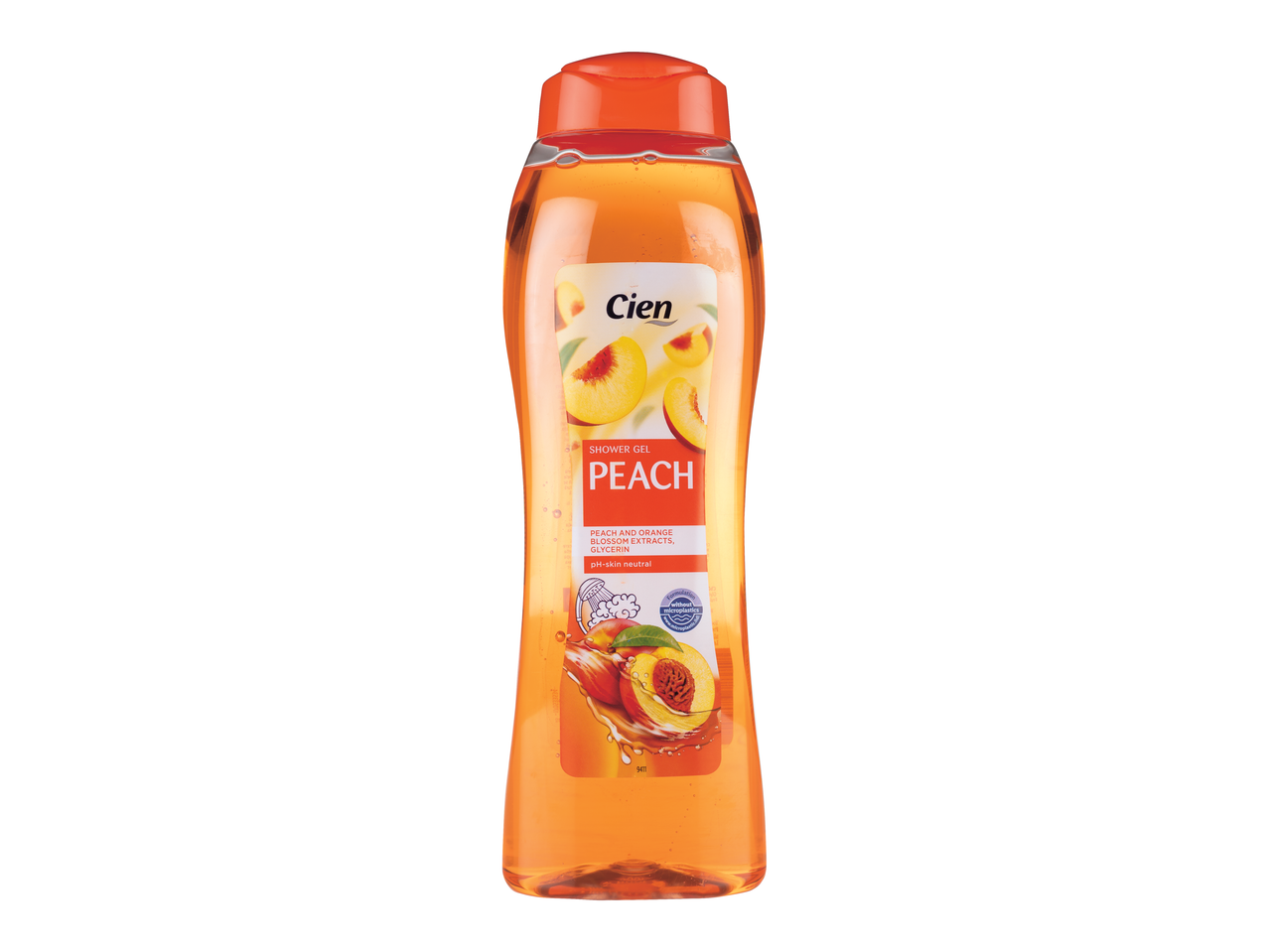 Gel de duș Cien cu piersică, cu extracte de flori de piersică și portocală.