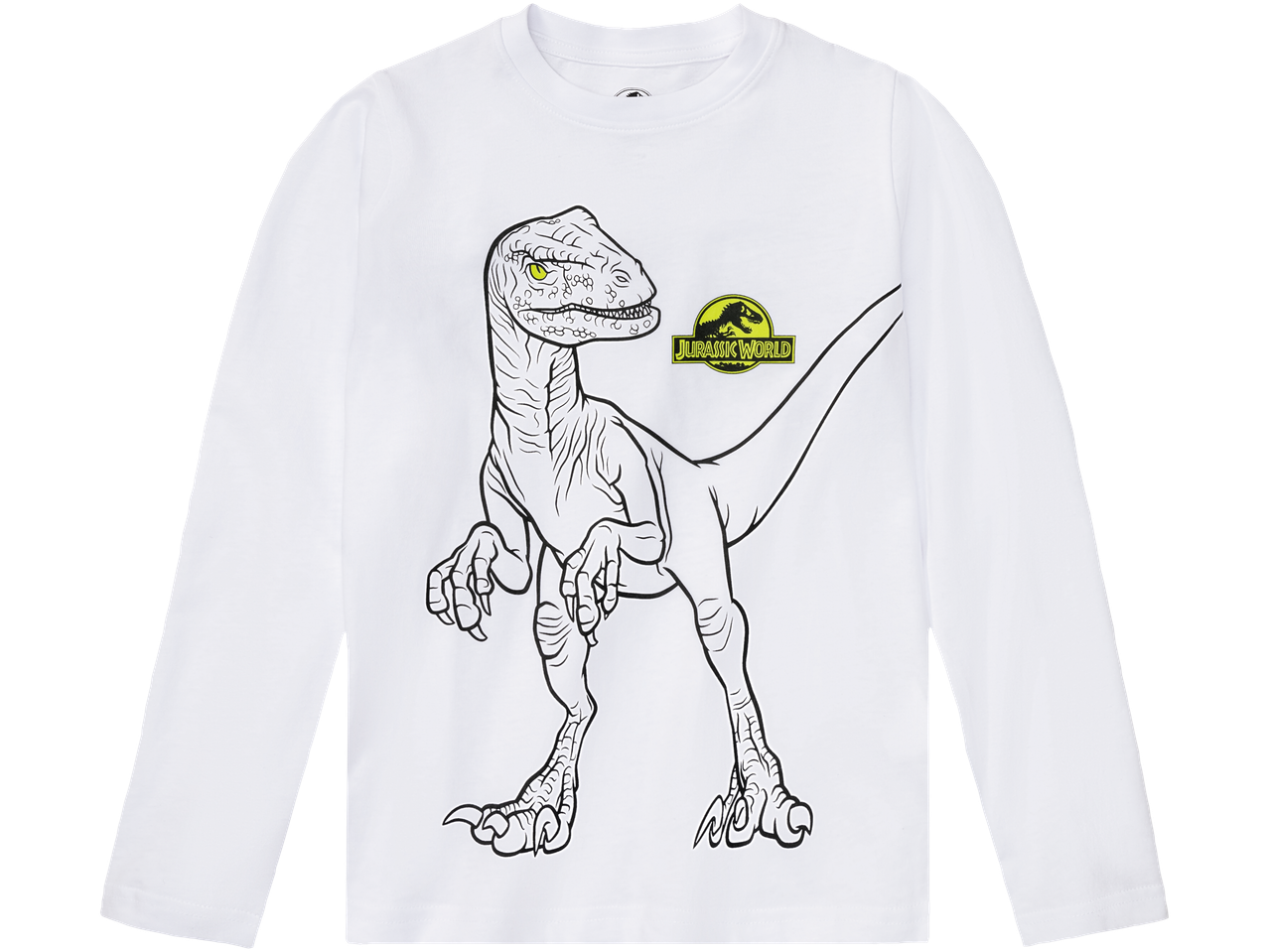 White long-sleeve shirt featuring a dinosaur and Jurassic World logo.