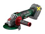 Cordless angle grinder with a cutting disc for metal, featuring a side handle and a speed selector.
