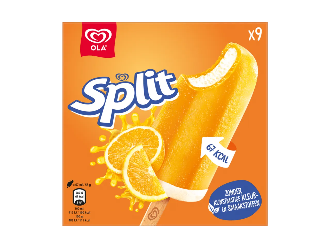 Verpakking van negen oranje ijsjes met vanille-ijs, 67 kcal per stuk, zonder kunstmatige kleur- en smaakstoffen.